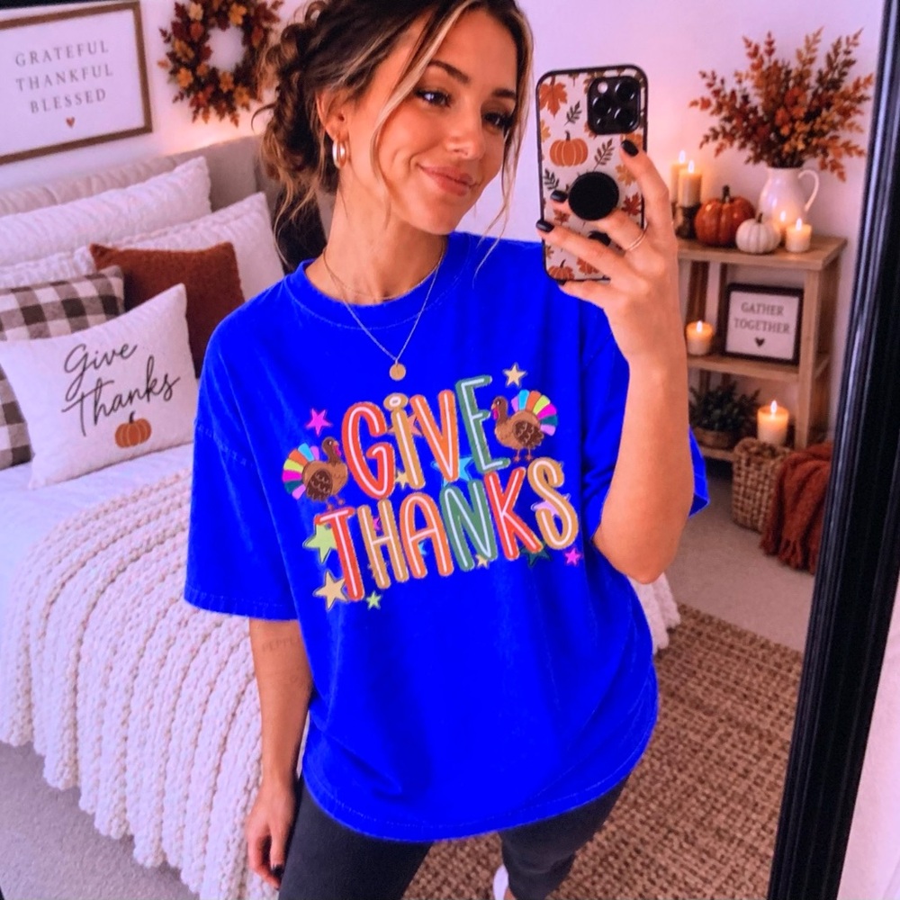 Give Thanks Graphic Comfort Colors Flo Blue Tshirt Small-XL